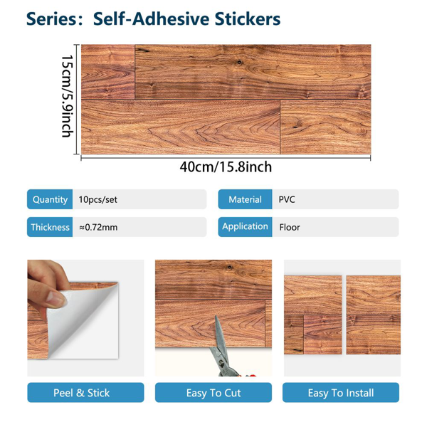 10 Pcs Peel And Stick Floor Stickers,  PVC Natural Wood Grain Look, Self Adhesive Removable And Waterproof，DIY Flooring For Renters, For Transfer Bathroom, Kitchen, Living Room, Bedroom Floor Stickers-3