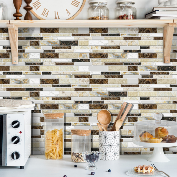 12 PCS Classic Imitation Ceramic Tiles Peel And Stick Backsplash PVC Marble Tile Sticker Waterproof And Oil Proof,Easy To Maintain, Dark Brown Transfer Wall Stickers For Kitchen Bathroom,4.72*9.68inch-14