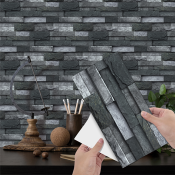 48 Pcs Black Gray Stone Brick Peel And Stick Wallpaper Home Decor Waterproof Self-Adhesive Stickers For Bathroom Kitchen Living Room Backsplash Detachable Without Leaving Glue Easy Installtion