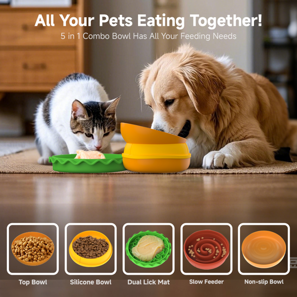 5-in-1 Burger Pet Bowls Set - Tilted Bowl, Elevated Bowl, Slow Feeder, Lick Mat, Non-slip Bowl for Dog & Cat-4