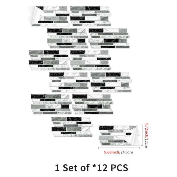 12 PCS Irregular PVC Black White Gray Marble Pattern Classic Imitation Tile Self Adhesive Peel And Stick Wallpaper For Kitchen Bathroom Wallpaper Waterproof Oil-Proof Wallpaper Easy To Install-4