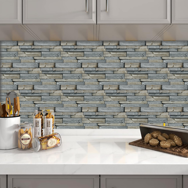 12 Pcs/Set Irregular Color Blocked Wood Grain Peel And Stick Wallpaper PVC Water Resistant  And Oil Proof Hanging Decorative Tiles For Kitchen Bathroom, 4.72*9.69inch Grey,Retro Wall Paper-8