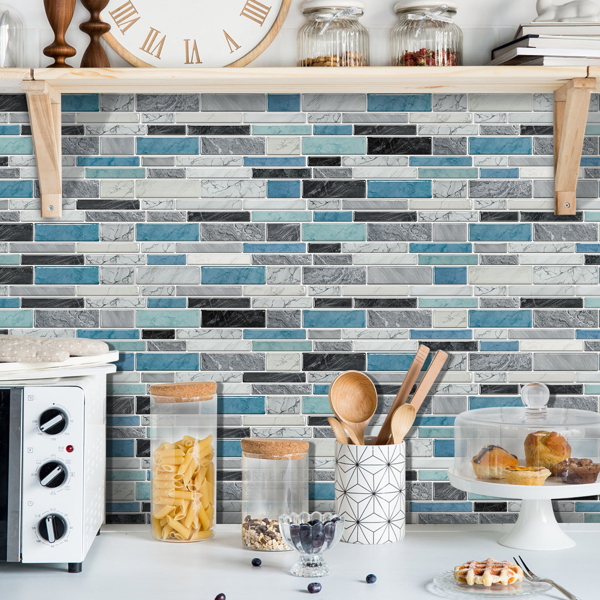 12 PCS Marbled Effect Waterproof Oil-Proof Peel And Stick Tile Stickers Blue Green For Kitchen Bathroom Laundry Room Wall Decor, Bathroom Wall Stickers Wall Decoration (12*24.6cm/4.72*9.68inch)-14