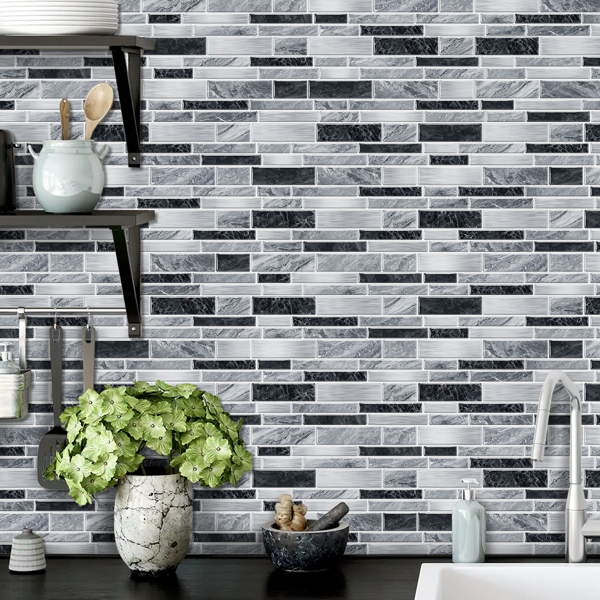 12 PCS Modern Style Alien Marble Pattern Effect PVC Stickers Peel And Stick Wallpaper Waterproof And Oil Resistant, Easy To Maintain Grey And Black Bathroom Kitchen Wall Decor|Interlocking Design-13