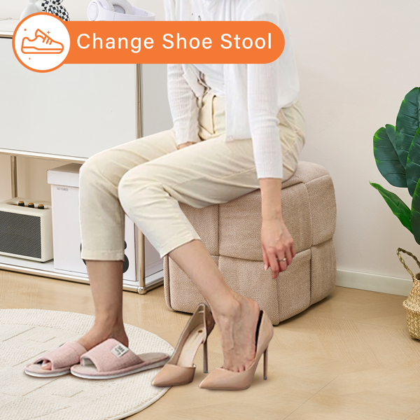 Square Ottoman Foot Stool Corduroy Vanity Chair Bench with Padded Woven Footrest for Entryway Living Room Hallway Brown-4