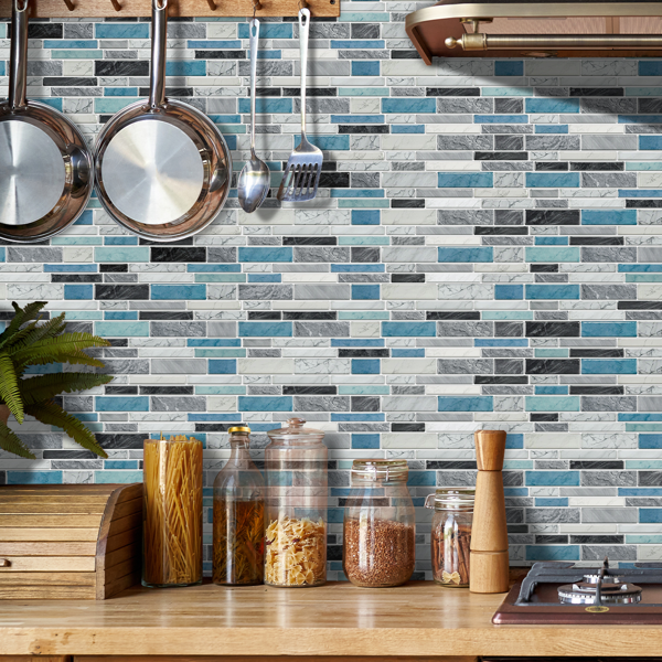 12 PCS Marbled Effect Waterproof Oil-Proof Peel And Stick Tile Stickers Blue Green For Kitchen Bathroom Laundry Room Wall Decor, Bathroom Wall Stickers Wall Decoration (12*24.6cm/4.72*9.68inch)-11