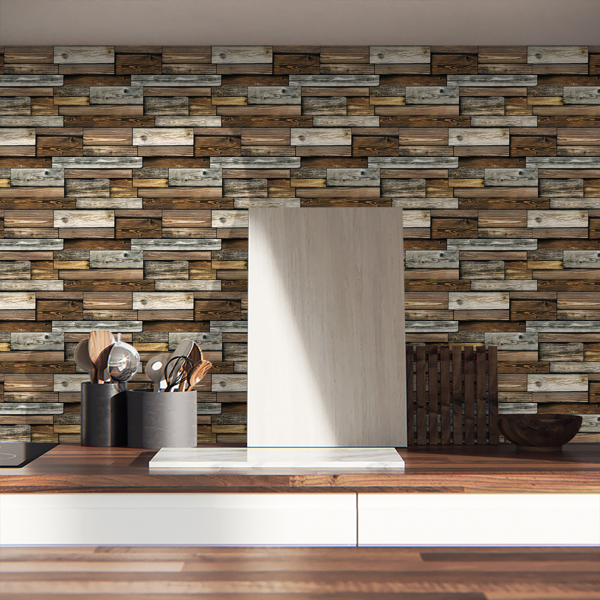 12 PCS Alien Light Brown Wood Grain Wall Sticker Self-Adhesive Wall Decals For Room Decor - Oil-Proof Durable, Easy To Clean, Peel Off Peel And Stick Wallpaper For Kitchen Bathroom-9