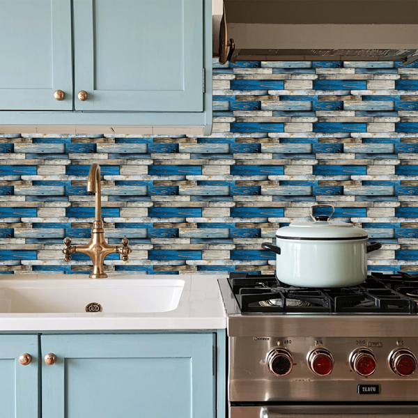 12 Sheets Self Adhesive Blue Irregular Wood Grain Peel And Stick Wallpaper PVC Hanging Decorative Tiles For Kitchen And Bathroom WallsTear Off Without Leaving Marks Oil Resistant And Easy To Maintain-5