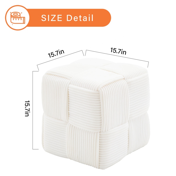 Square Ottoman Foot Stool Corduroy Vanity Chair Bench with Padded Woven Footrest for Entryway Living Room Hallway White-2