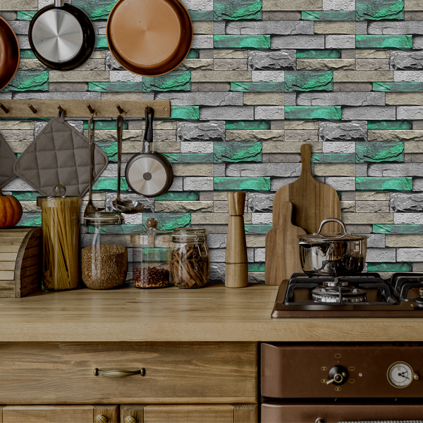 48 Pcs Green Brick Stone Pattern Peel And Stick Wallpaper Self-Adhesive,Detachable Without Leaving Glue,Water Resistant Oil-Proof Wall Paper For Bathroom, Kitchen, Home Decoration, Wall Renovation-8