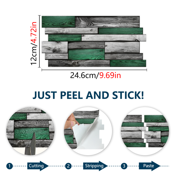 12 Pcs Green Vintage Wood Grain Sticker Peel And Stick Wallpaper,4.72*9.69 Inch,PVC Hanging DecorativeTiles Waterproof,moisture-proof,and oil proof For Kitchen Wall Bathroom Wall Renovation Decoration-4