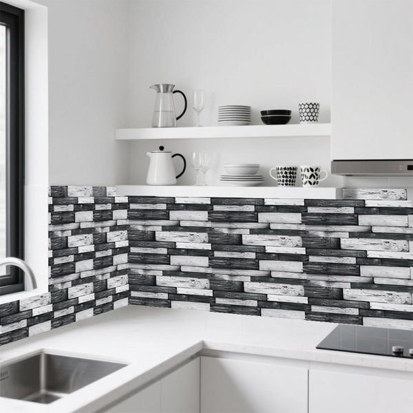 12 Pcs Peel & Stick Backsplash Wallpaper,PVC Dark Gray Irregular Wood Grain Hanging Decorative Tiles "4.72*9.69 inch" Self Adhesive Oil-Proof Stick On Wall Tiles For Kitchen Backspalsh Bathroom Wall-5