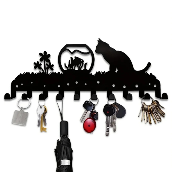 Adorable Kitty - Inspired Metal Wall - Mounted Rack Boasting 10 Hooks, Ideal Decorative Organizer for Walls. Practical and Stylish. Utility Hooks.-4