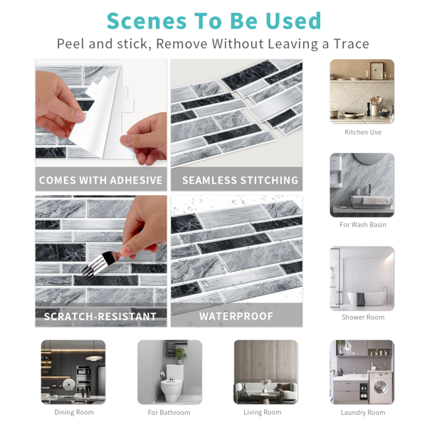 12 PCS Modern Style Alien Marble Pattern Effect PVC Stickers Peel And Stick Wallpaper Waterproof And Oil Resistant, Easy To Maintain Grey And Black Bathroom Kitchen Wall Decor|Interlocking Design-8