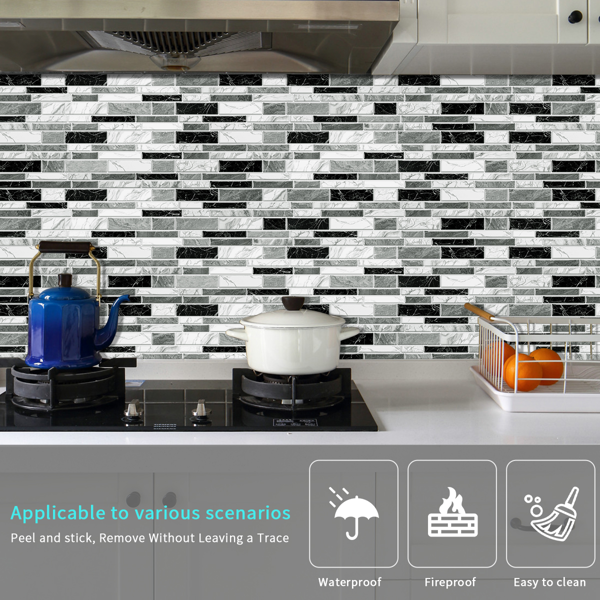12 PCS Irregular PVC Black White Gray Marble Pattern Classic Imitation Tile Self Adhesive Peel And Stick Wallpaper For Kitchen Bathroom Wallpaper Waterproof Oil-Proof Wallpaper Easy To Install-3
