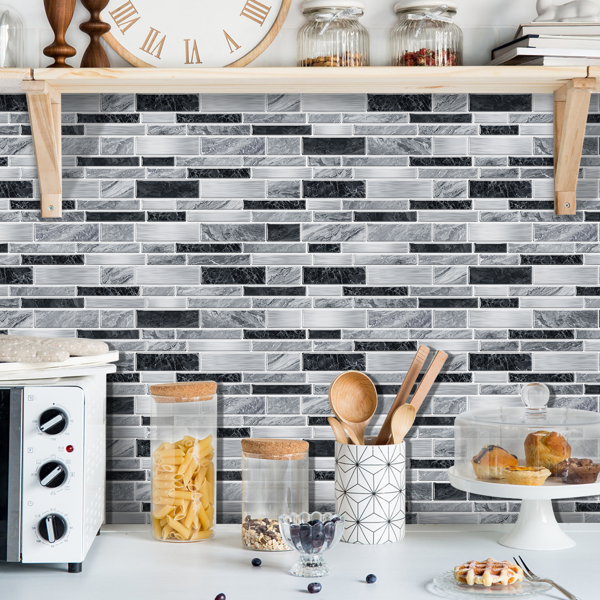 12 PCS Modern Style Alien Marble Pattern Effect PVC Stickers Peel And Stick Wallpaper Waterproof And Oil Resistant, Easy To Maintain Grey And Black Bathroom Kitchen Wall Decor|Interlocking Design-11