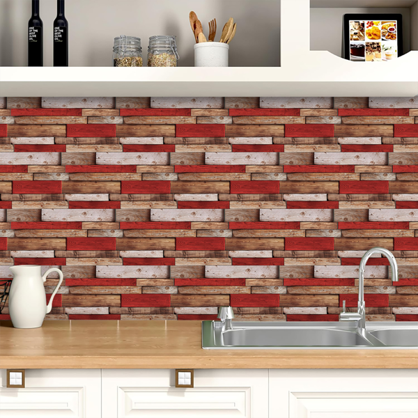 12 Pcs Retro Red Shaped Wood Grain Self-Adhesive Wallpaper PVC Waterproof Oil Proof Detachable Without Leaving Glue Country Style For Kitchen,Bathroom ,Can Be Cut At Will Decoration Wall Wallpaper-10