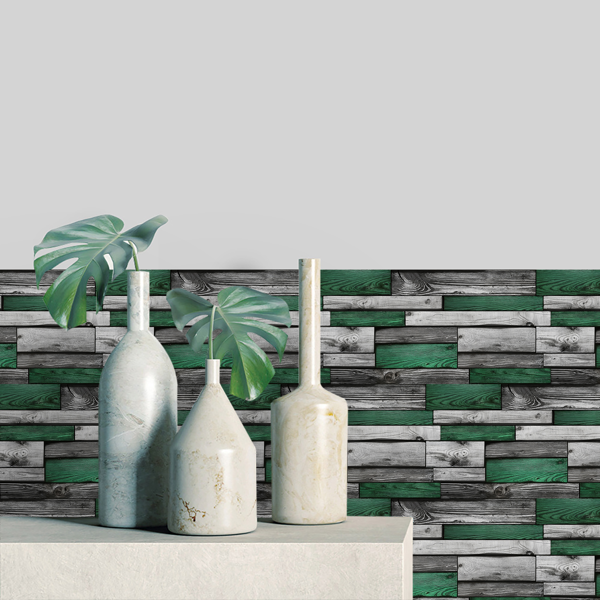 12 Pcs Green Vintage Wood Grain Sticker Peel And Stick Wallpaper,4.72*9.69 Inch,PVC Hanging DecorativeTiles Waterproof,moisture-proof,and oil proof For Kitchen Wall Bathroom Wall Renovation Decoration-6