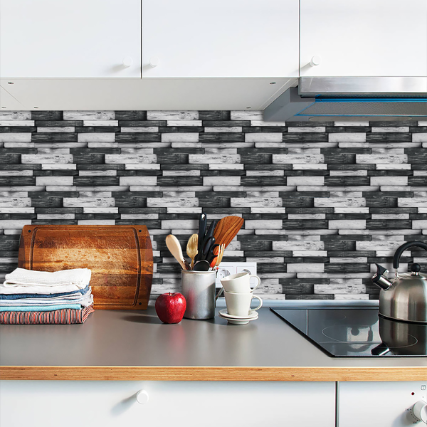 12 Pcs Peel & Stick Backsplash Wallpaper,PVC Dark Gray Irregular Wood Grain Hanging Decorative Tiles "4.72*9.69 inch" Self Adhesive Oil-Proof Stick On Wall Tiles For Kitchen Backspalsh Bathroom Wall-8