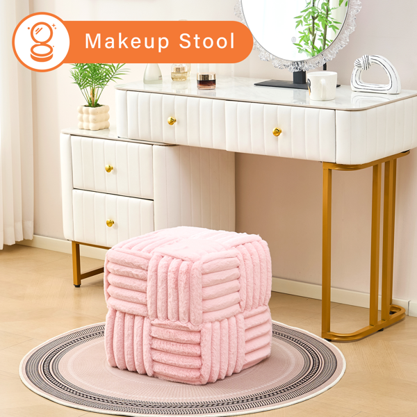 Square Ottoman Foot Stool Corduroy Vanity Chair Bench with Padded Woven Footrest for Entryway Living Room Hallway Pink-6