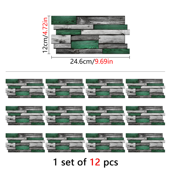 12 Pcs Green Vintage Wood Grain Sticker Peel And Stick Wallpaper,4.72*9.69 Inch,PVC Hanging DecorativeTiles Waterproof,moisture-proof,and oil proof For Kitchen Wall Bathroom Wall Renovation Decoration-2