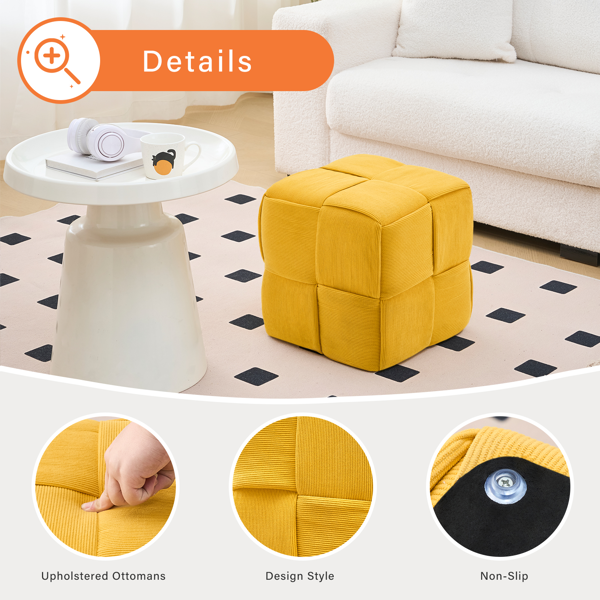 Square Ottoman Foot Stool Corduroy Vanity Chair Bench with Padded Woven Footrest for Entryway Living Room Hallway Yellow-4