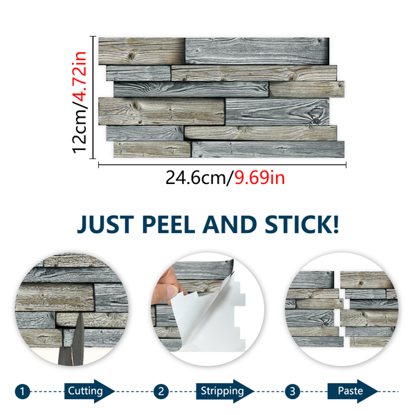 12 Pcs/Set Irregular Color Blocked Wood Grain Peel And Stick Wallpaper PVC Water Resistant  And Oil Proof Hanging Decorative Tiles For Kitchen Bathroom, 4.72*9.69inch Grey,Retro Wall Paper-4