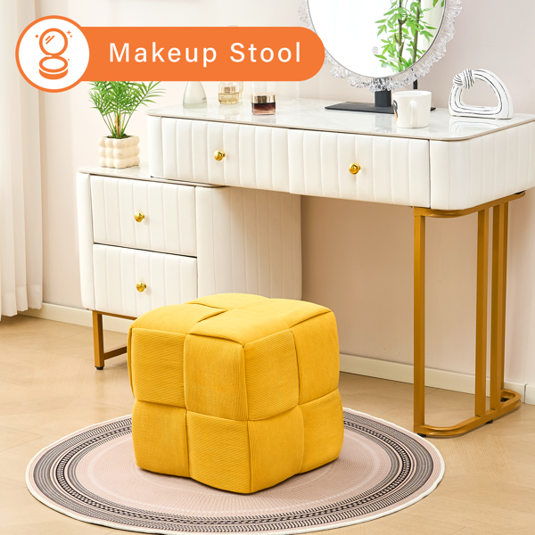 Square Ottoman Foot Stool Corduroy Vanity Chair Bench with Padded Woven Footrest for Entryway Living Room Hallway Yellow-3