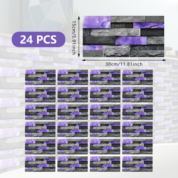 24 Sheets Peel and Stick Backsplash Marble Wall Tiles, Waterproof Oil-proof ,Purple Glossy Imitation Stone brick wall stickers , PVC Shower Wall Panels for Interior Wall Decor; Tile for Kitchen, Bathr-2