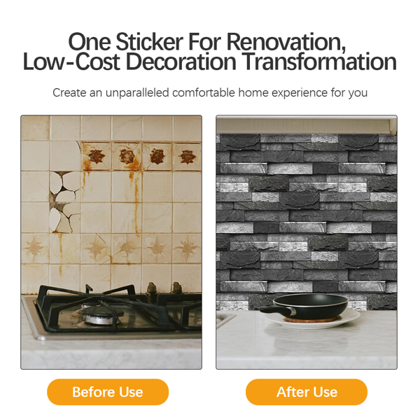 12 Pcs Black Gray Stone Brick Peel And Stick Wallpaper Home Decor Waterproof Self-Adhesive Stickers For Bathroom Kitchen Living Room Backsplash Detachable Without Leaving Glue Easy Installtion-3
