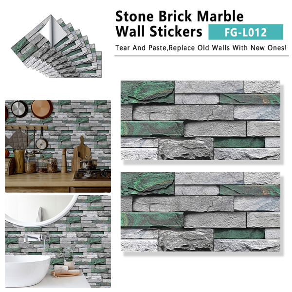 12 Pcs Realistic Green Stone Brick Peel And Stick Wallpaper Removable Self-Adhesive PVC Waterproof And Moisture-Proof Easy Diy Installation For Kitchen Backsplash, Walls, Bathroom Wall Decoration-1