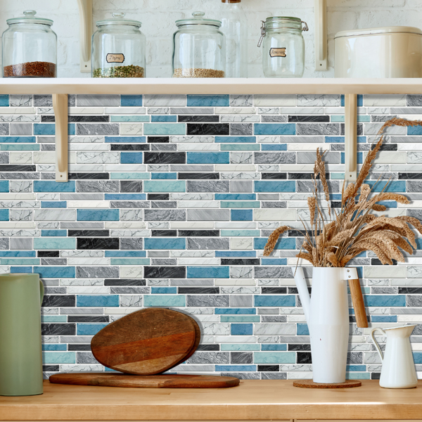 12 PCS Marbled Effect Waterproof Oil-Proof Peel And Stick Tile Stickers Blue Green For Kitchen Bathroom Laundry Room Wall Decor, Bathroom Wall Stickers Wall Decoration (12*24.6cm/4.72*9.68inch)-15