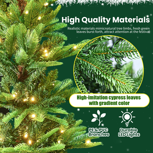 Artificial 6ft Green LED-lit Christmas Tree with 502PE/PVC Mixed Branch Tips,Hinged Premium & Foldable Base for Indoor Holiday Decorating-2