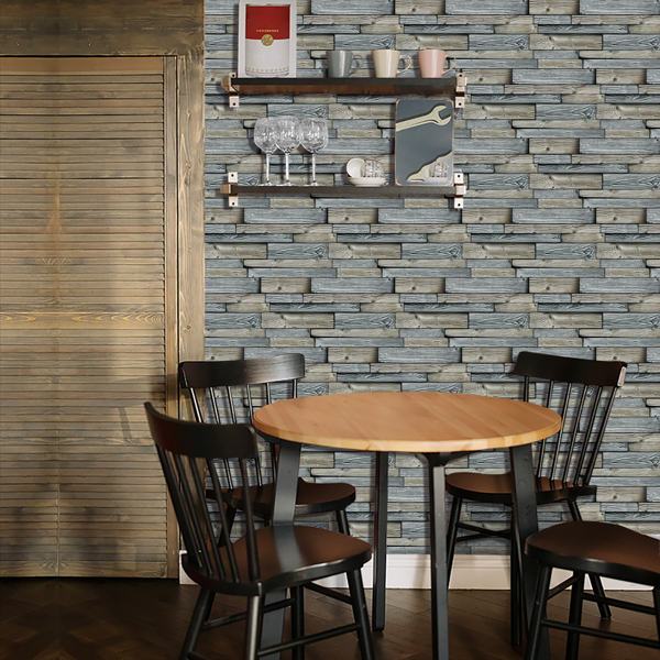 12 Pcs/Set Irregular Color Blocked Wood Grain Peel And Stick Wallpaper PVC Water Resistant  And Oil Proof Hanging Decorative Tiles For Kitchen Bathroom, 4.72*9.69inch Grey,Retro Wall Paper-6