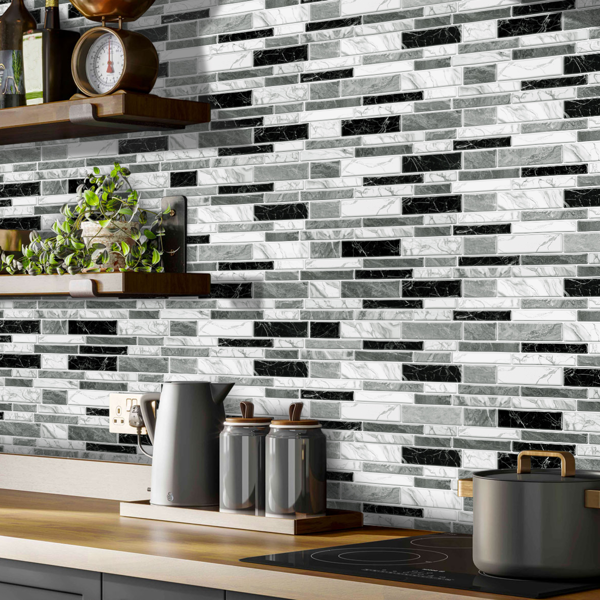 12 PCS Irregular PVC Black White Gray Marble Pattern Classic Imitation Tile Self Adhesive Peel And Stick Wallpaper For Kitchen Bathroom Wallpaper Waterproof Oil-Proof Wallpaper Easy To Install-12