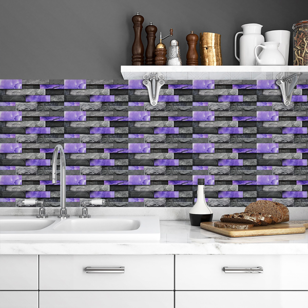 24 Sheets Peel and Stick Backsplash Marble Wall Tiles, Waterproof Oil-proof ,Purple Glossy Imitation Stone brick wall stickers , PVC Shower Wall Panels for Interior Wall Decor; Tile for Kitchen, Bathr-7