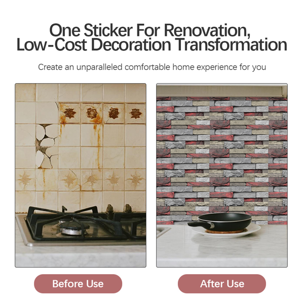 12 Pcs Red Stone Brick Marble Wall Sticker Peel And Stick Wallpaper,PVC Easy To Clean And Water Resistant , For Kitchen Bathroom Backsplash Wall Decoration,(5.91*11.81inch) Retro Wall Stickers-3
