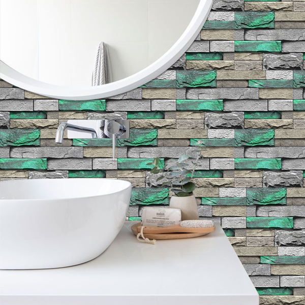 48 Pcs Green Brick Stone Pattern Peel And Stick Wallpaper Self-Adhesive,Detachable Without Leaving Glue,Water Resistant Oil-Proof Wall Paper For Bathroom, Kitchen, Home Decoration, Wall Renovation-9