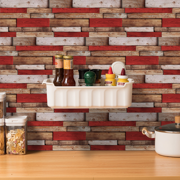 12 Pcs Retro Red Shaped Wood Grain Self-Adhesive Wallpaper PVC Waterproof Oil Proof Detachable Without Leaving Glue Country Style For Kitchen,Bathroom ,Can Be Cut At Will Decoration Wall Wallpaper-9