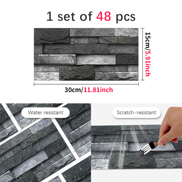 48 Pcs Black Gray Stone Brick Peel And Stick Wallpaper Home Decor Waterproof Self-Adhesive Stickers For Bathroom Kitchen Living Room Backsplash Detachable Without Leaving Glue Easy Installtion-4