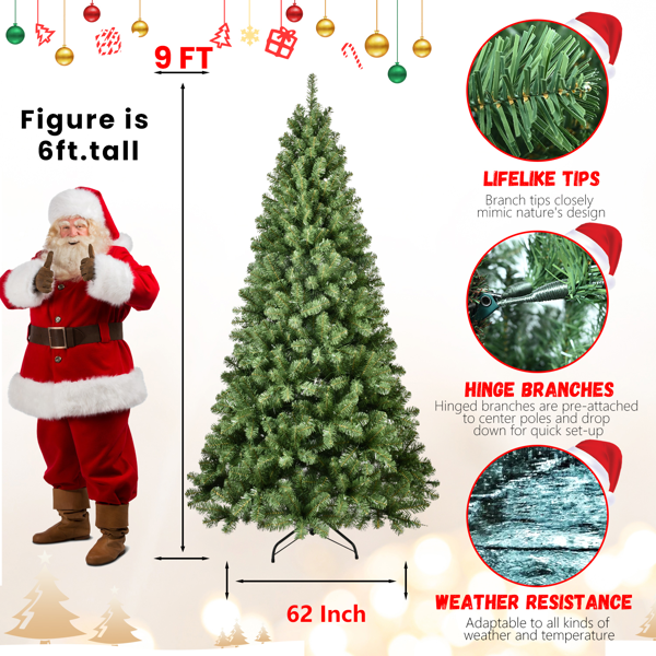 Artificial 9ft Green LED-lit Christmas Tree with 1930PVC Mixed Branch Tips,Hinged Premium & Foldable Base for Indoor Holiday Decorating-3