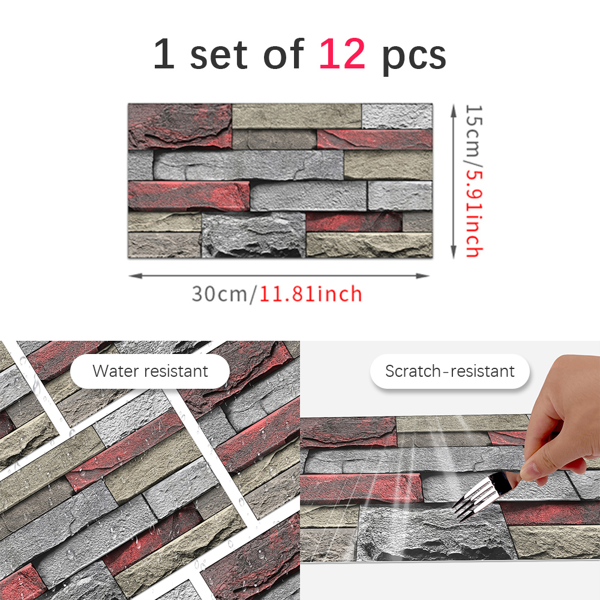 12 Pcs Red Stone Brick Marble Wall Sticker Peel And Stick Wallpaper,PVC Easy To Clean And Water Resistant , For Kitchen Bathroom Backsplash Wall Decoration,(5.91*11.81inch) Retro Wall Stickers-4