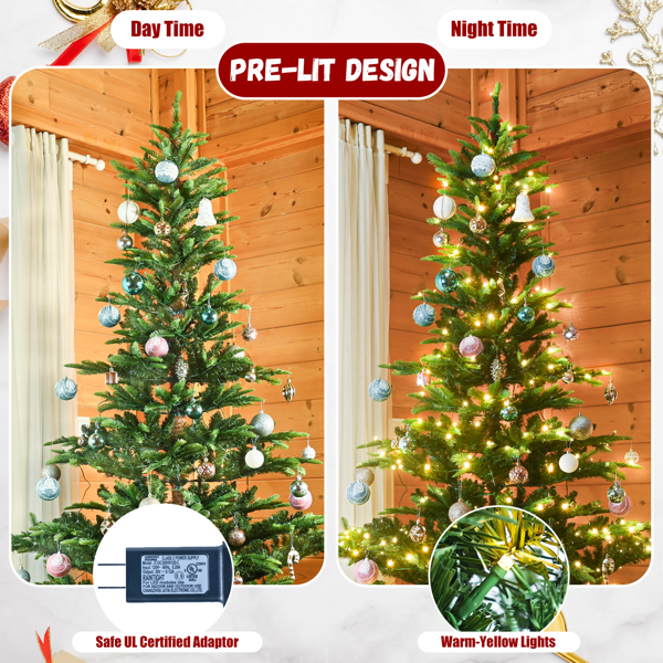 Artificial 6ft Green LED-lit Christmas Tree with 502PE/PVC Mixed Branch Tips,Hinged Premium & Foldable Base for Indoor Holiday Decorating-4
