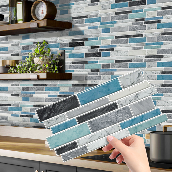 12 PCS Marbled Effect Waterproof Oil-Proof Peel And Stick Tile Stickers Blue Green For Kitchen Bathroom Laundry Room Wall Decor, Bathroom Wall Stickers Wall Decoration (12*24.6cm/4.72*9.68inch)-2