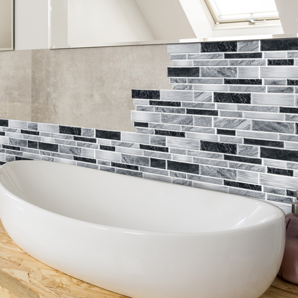12 PCS Modern Style Alien Marble Pattern Effect PVC Stickers Peel And Stick Wallpaper Waterproof And Oil Resistant, Easy To Maintain Grey And Black Bathroom Kitchen Wall Decor|Interlocking Design-14