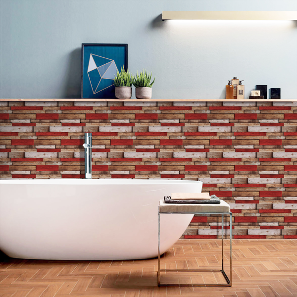 12 Pcs Retro Red Shaped Wood Grain Self-Adhesive Wallpaper PVC Waterproof Oil Proof Detachable Without Leaving Glue Country Style For Kitchen,Bathroom ,Can Be Cut At Will Decoration Wall Wallpaper-6