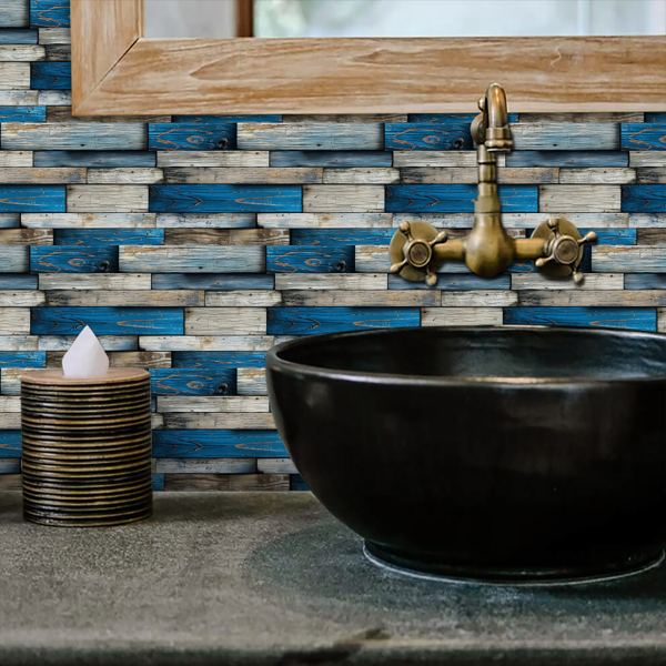 12 Sheets Self Adhesive Blue Irregular Wood Grain Peel And Stick Wallpaper PVC Hanging Decorative Tiles For Kitchen And Bathroom WallsTear Off Without Leaving Marks Oil Resistant And Easy To Maintain-10