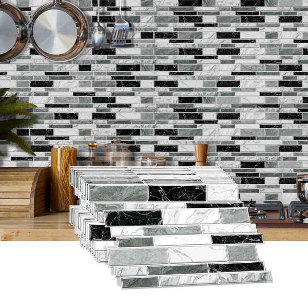 12 PCS Irregular PVC Black White Gray Marble Pattern Classic Imitation Tile Self Adhesive Peel And Stick Wallpaper For Kitchen Bathroom Wallpaper Waterproof Oil-Proof Wallpaper Easy To Install-1