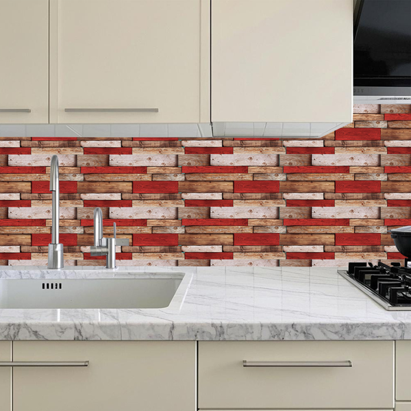 12 Pcs Retro Red Shaped Wood Grain Self-Adhesive Wallpaper PVC Waterproof Oil Proof Detachable Without Leaving Glue Country Style For Kitchen,Bathroom ,Can Be Cut At Will Decoration Wall Wallpaper-7