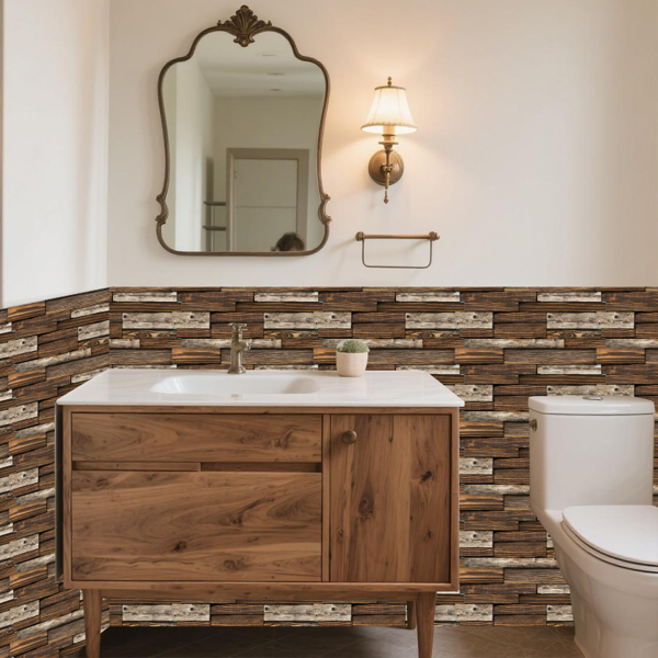 12 Sheets Self Adhesive Brown Irregular Wood Grain Peel And Stick Wallpaper, Hanging Decorative Tiles,PVC Water resistant Oil Resistant For Kitchen And Bathroom Decoration, Easy To Stick And Remove-5